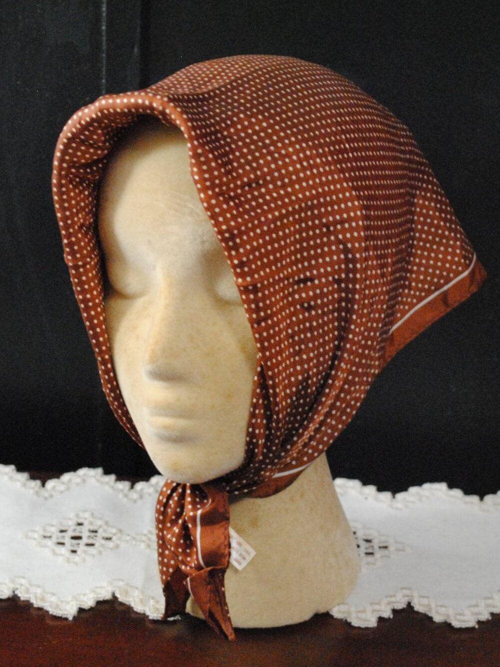 Vintage 70s Brown & White Polka Dot Scarf with Strawberry Accent Made in Japan